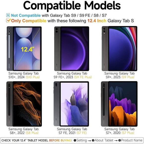 Black Keyboard Case for Samsung Galaxy Tab S7+/S7 FE/S8+/S9+/S9 FE+/S10+ 12.4" - Picture 4 of 8